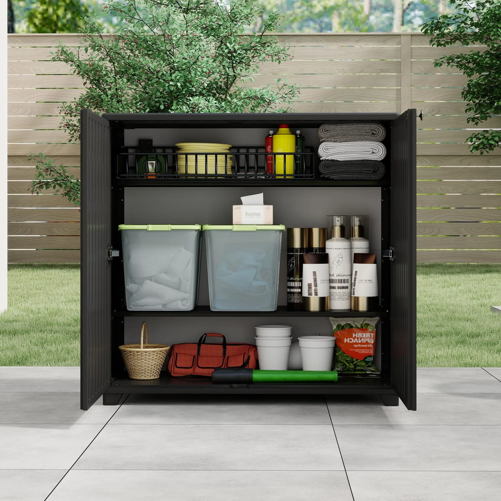 ZZM 34-inch outdoor storage cabinet with 2 shelves in black, view 3