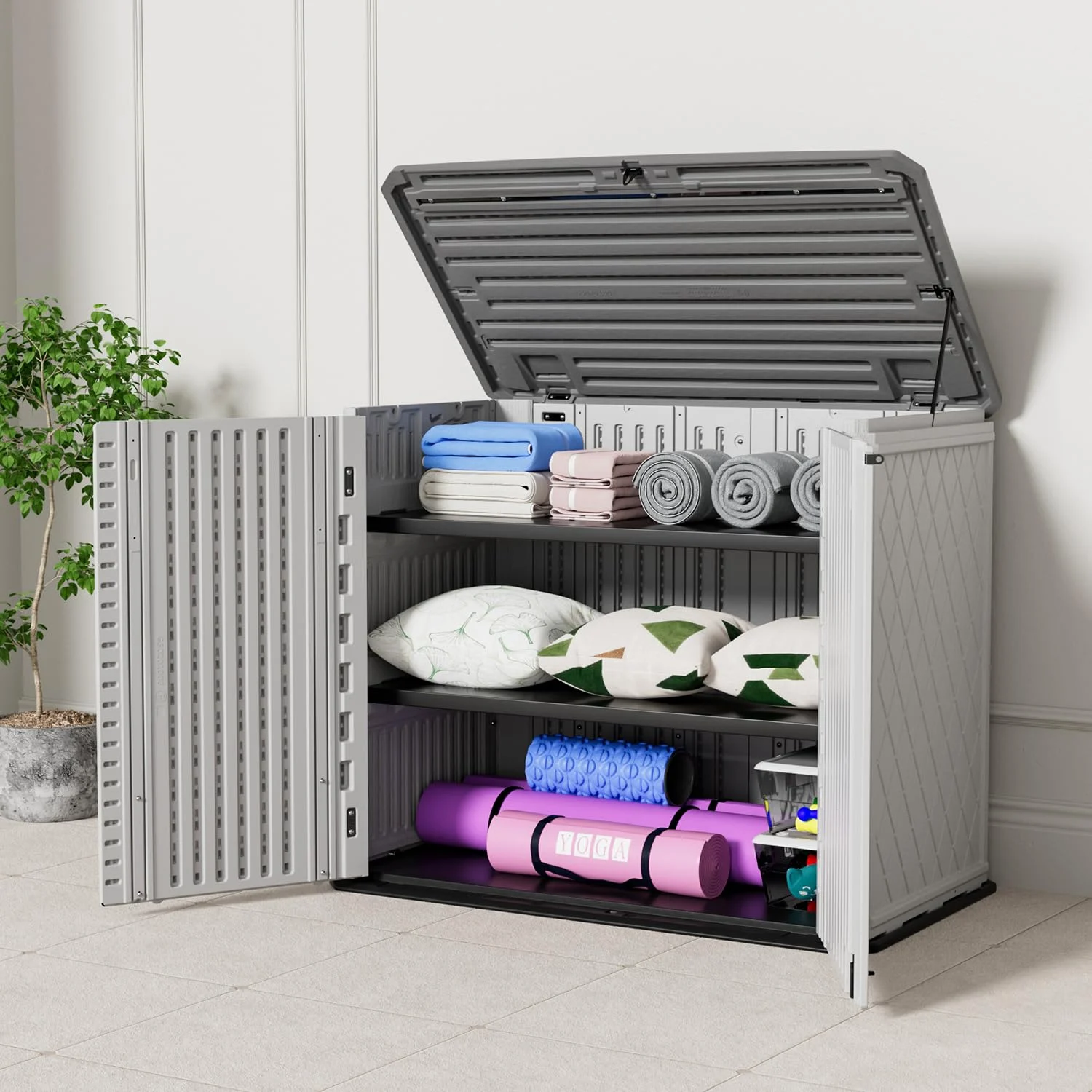 ZZM Plastic shelf set for storage sheds in black, 46 by 1 in, front view