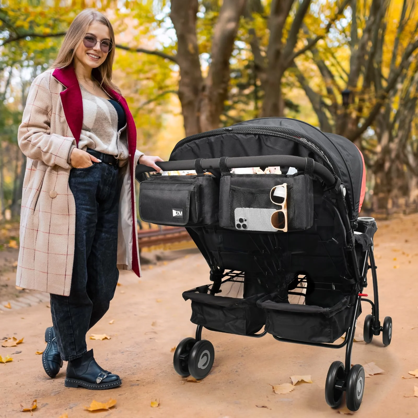ZZM Double stroller organizer with cooler pockets in black, view 2