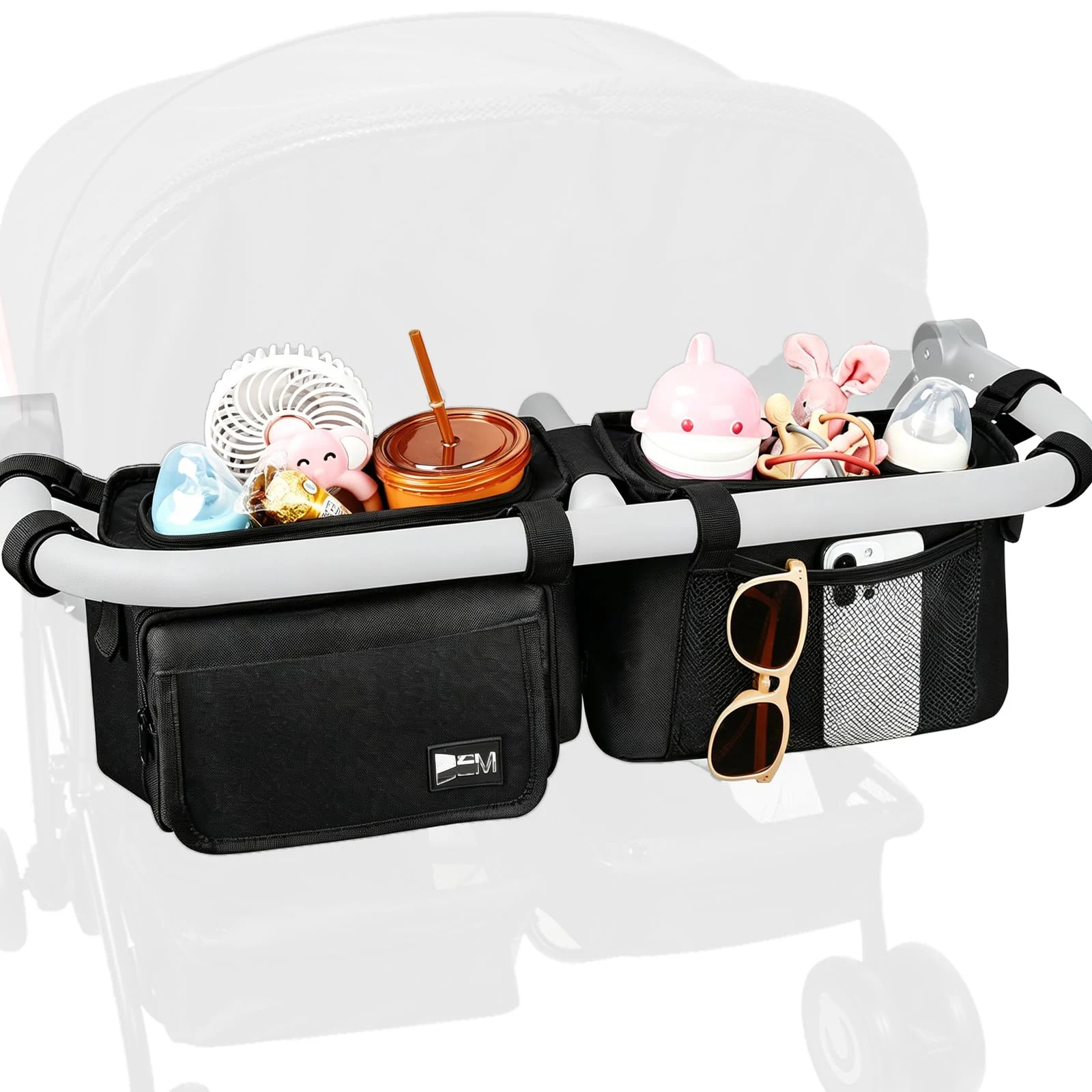 ZZM Double stroller organizer with cooler pockets in black, front view