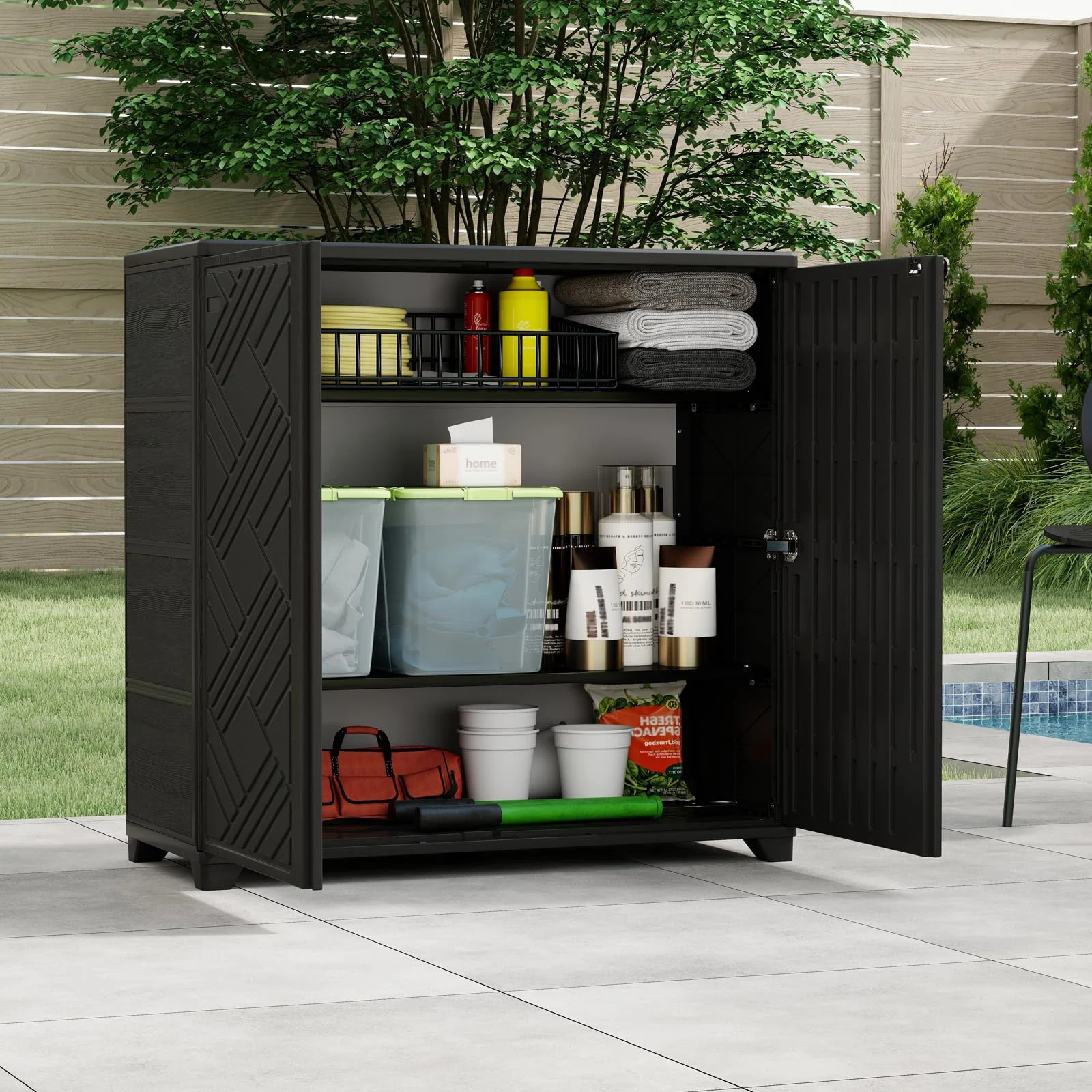 ZZM 34-inch outdoor storage cabinet with 2 shelves in black, view 2