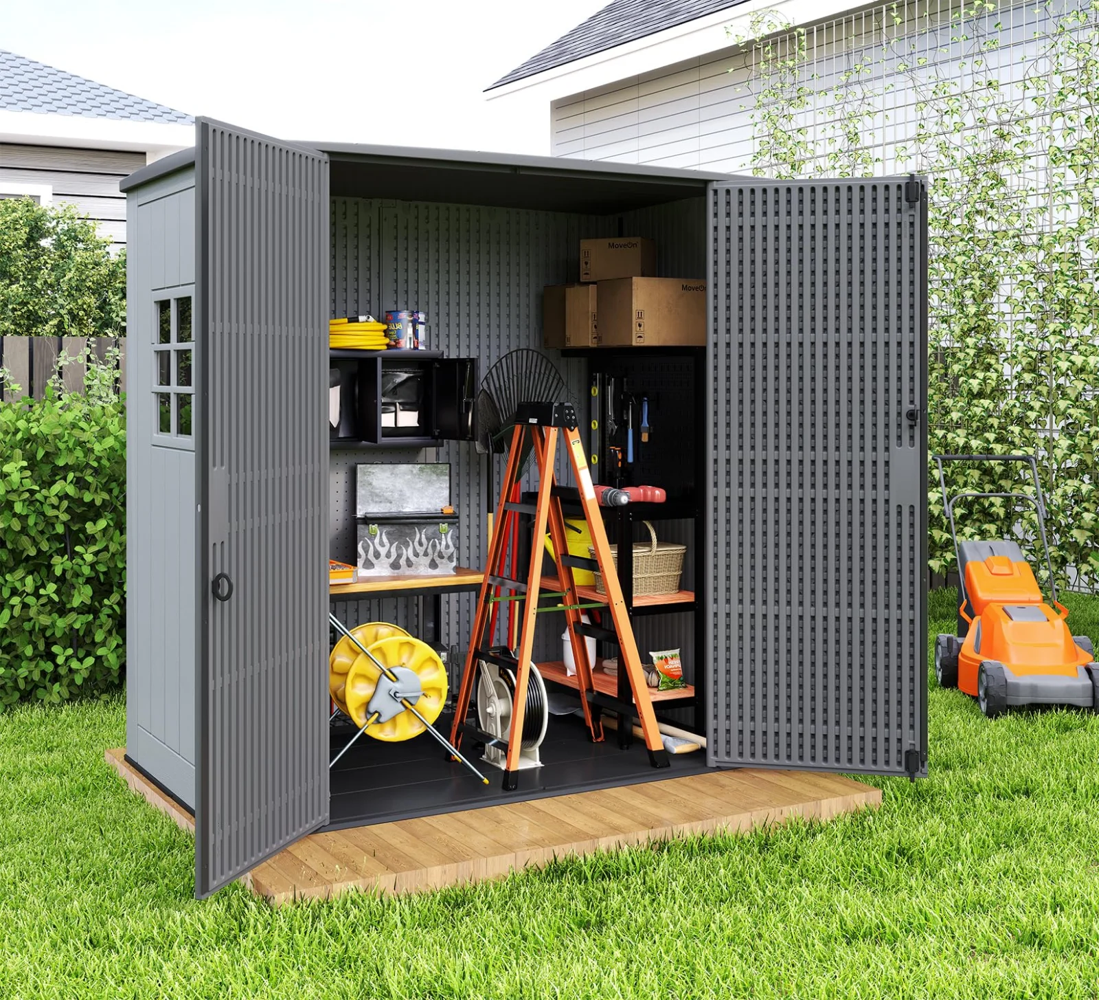 Outdoor storage sheds in use