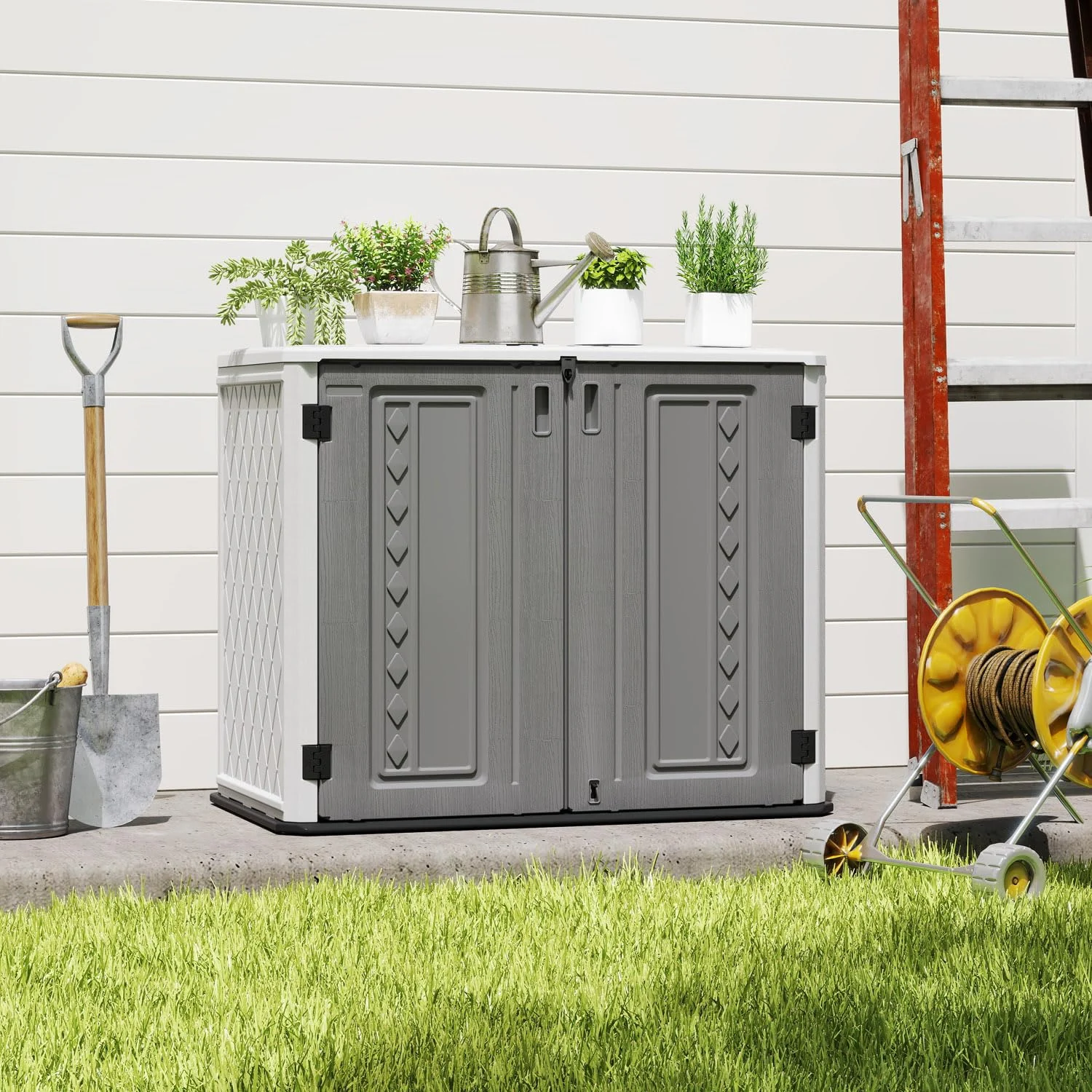 ZZM 26 cu ft Resin outdoor storage shed in white & gray, view 4