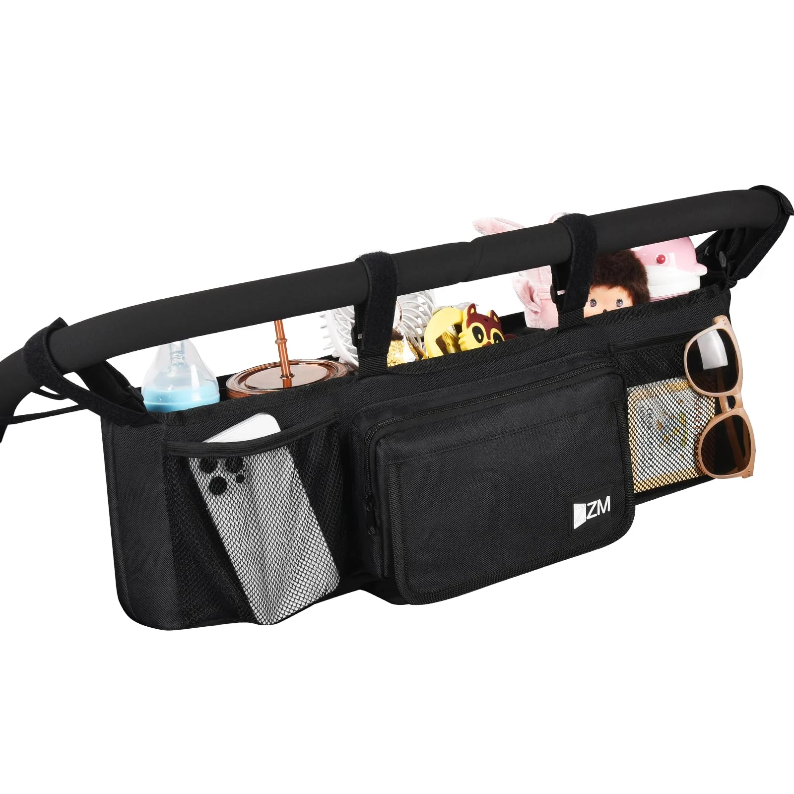 ZZM Double stroller organizer with cooler pockets in black, 23 by 7 in, front view